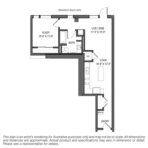 Floor plan for 1 bed, 1 bath, 704 sqft